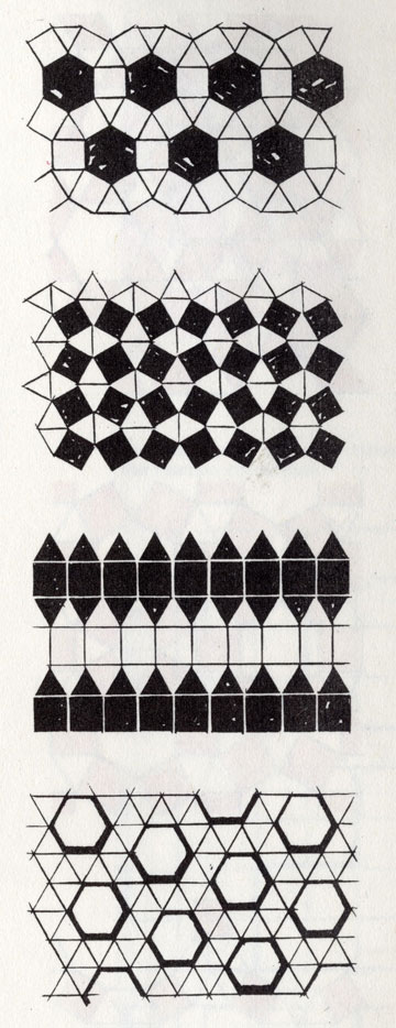 На рисунке показано 8 полурегулярных мотивов узора, каждый из которых включает два или больше различных типов правильных много угольников, соединенных углами или сторонами. В каждом углу сходится одинаковое число образующих узор многоугольников