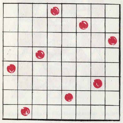 Один из вариантов расстановки на шахматной доске восьми ферзей, при котором эти фигуры не могут угрожать друг другу. Остальные комбинации получают путем зеркального отражения