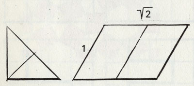 Только равнобедренный треугольник и параллелограмм с соотношением сторон 1:√ 2 можно разделить пополам, так что полученные фигуры будут подобны первоначальным