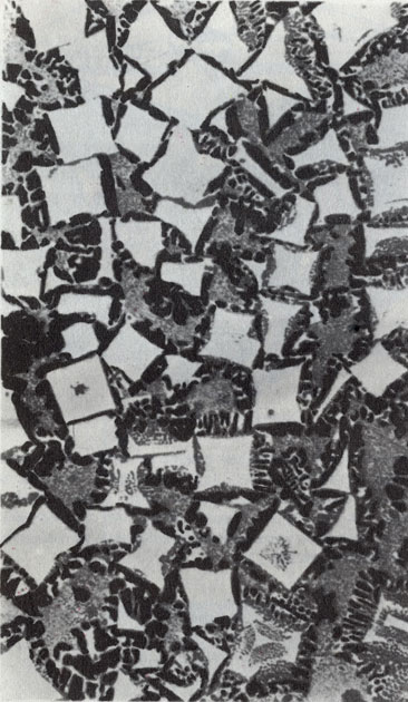 Кубическая структура металла (сплав свинца, олова и сурьмы) видна благодаря тому, что при затвердевании из расплавленной смеси сначала выделяются богатые сурьмой кубические кристаллы, которые определенное время имеют возможность свободно расти (Увеличение 100 : 1.)