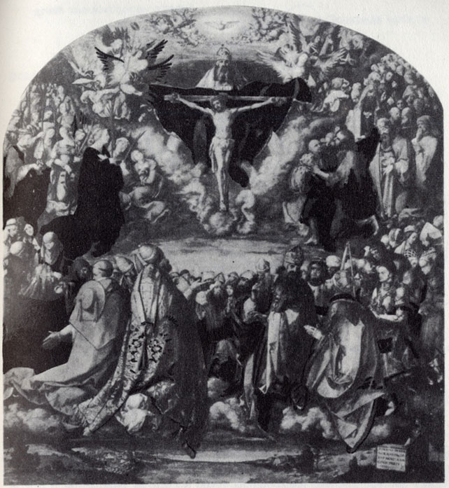 На картине Дюрера 'Поклонение Святой Троице' фигуры святых вписаны не в круг, а в эллипс. Для своего времени это было проявлением немалой смелости как в восприятии религиозного сюжета, так и в его изображении